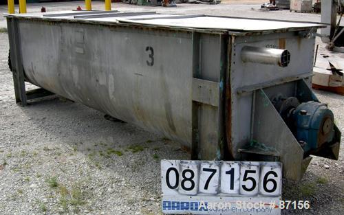 Used J H Day Double Spiral Ribbon Blender, 100 Cubic Feet Working Capacity, 316 Stainless Steel. Non-jacketed trough 35-5/8" wide x 155-5/8" long x approximately 42" deep. 5-1/2" diameter shaft. Inne...