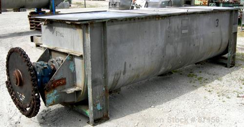 Used J H Day Double Spiral Ribbon Blender, 100 Cubic Feet Working Capacity, 316 Stainless Steel. Non-jacketed trough 35-5/8" wide x 155-5/8" long x approximately 42" deep. 5-1/2" diameter shaft. Inne...