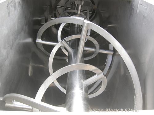 Used J H Day Double Spiral Ribbon Blender, 100 Cubic Feet Working Capacity, 316 Stainless Steel. Non-jacketed trough 35-5/8" wide x 155-5/8" long x approximately 42" deep. 5-1/2" diameter shaft. Inne...