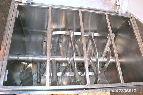 Used Lee Industries Double Spiral Ribbon Blender, 22.2 Cubic Feet (900 Pound) Working Capacity, Model 900TDR, 316 Stainless Steel. #4 Finish Non-jacketed trough 30’’ wide x 48’’ long x 32’’ deep. Ope...