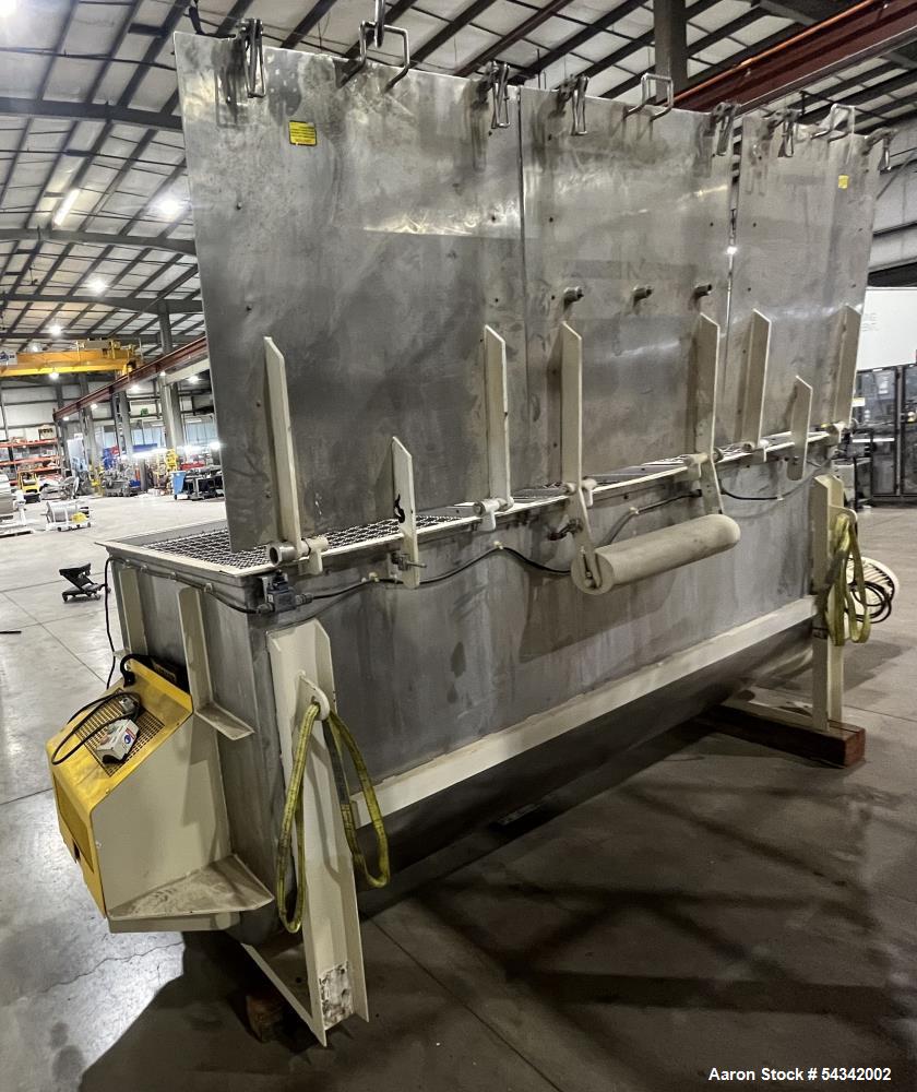 Used Littleford Double Ribbon Blender, approximately 100 cuft, 304 stainless steel. Sanitary Construction. Approximately 119-5/8" long x 40" wide x 50" deep trough. hinged covers with safety grate. 4...