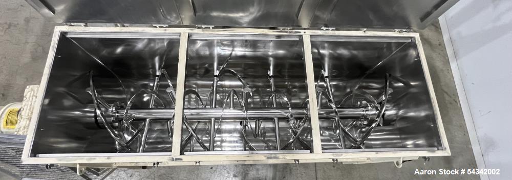 Used Littleford Double Ribbon Blender, approximately 100 cuft, 304 stainless steel. Sanitary Construction. Approximately 119-5/8" long x 40" wide x 50" deep trough. hinged covers with safety grate. 4...