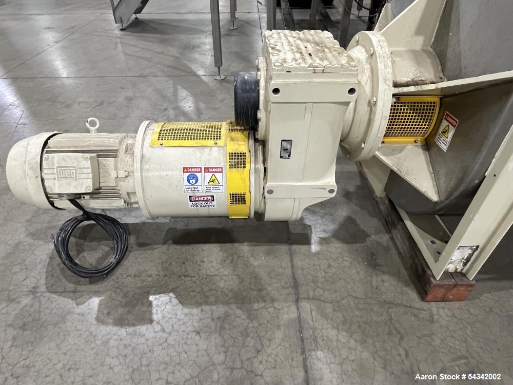 Used Littleford Double Ribbon Blender, approximately 100 cuft, 304 stainless steel. Sanitary Construction. Approximately 119-5/8" long x 40" wide x 50" deep trough. hinged covers with safety grate. 4...