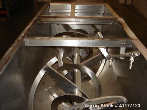 Used Lowe Industries Double Spiral Ribbon Blender, 36 Cubic Feet Working Capacity, Model CD-36, 304 Stainless Steel. Non-jacketed trough 28" wide x 72" long x approximately 32" deep. 2-3/4" diameter ...