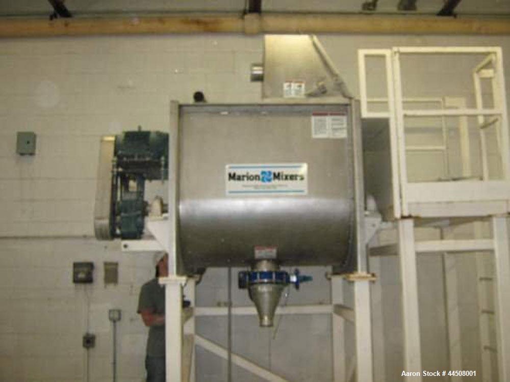 Used Marion Ribbon Blender, Model SRS-3648, 30 Cubic Foot Working Capacity (41 Total), 304 Stainless Steel. Non-jacketed trough 36” wide x 48” long x approximately 45” deep. 3” Diameter shaft. Inner ...