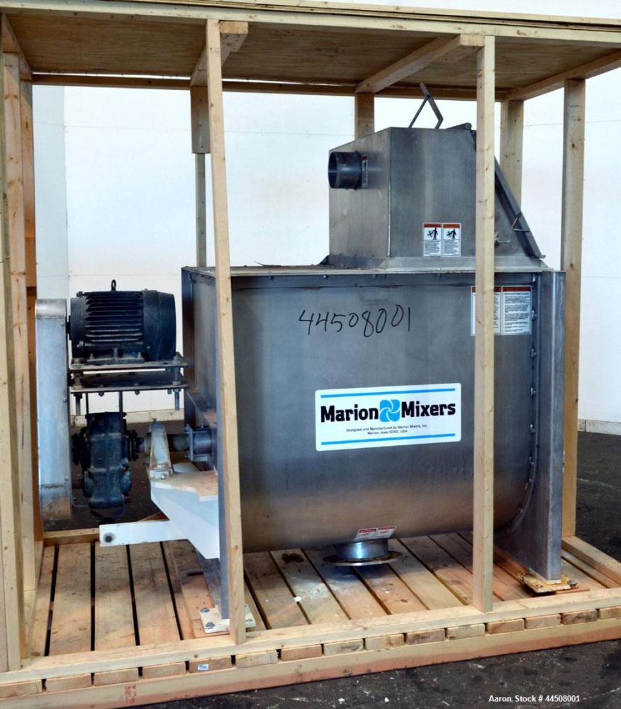 Used Marion Ribbon Blender, Model SRS-3648, 30 Cubic Foot Working Capacity (41 Total), 304 Stainless Steel. Non-jacketed trough 36” wide x 48” long x approximately 45” deep. 3” Diameter shaft. Inner ...