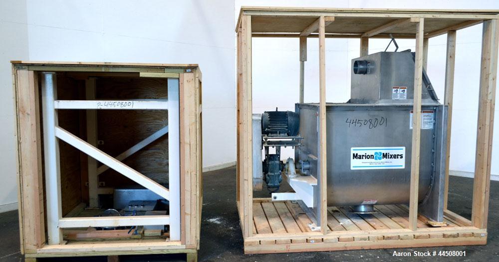 Used Marion Ribbon Blender, Model SRS-3648, 30 Cubic Foot Working Capacity (41 Total), 304 Stainless Steel. Non-jacketed trough 36” wide x 48” long x approximately 45” deep. 3” Diameter shaft. Inner ...