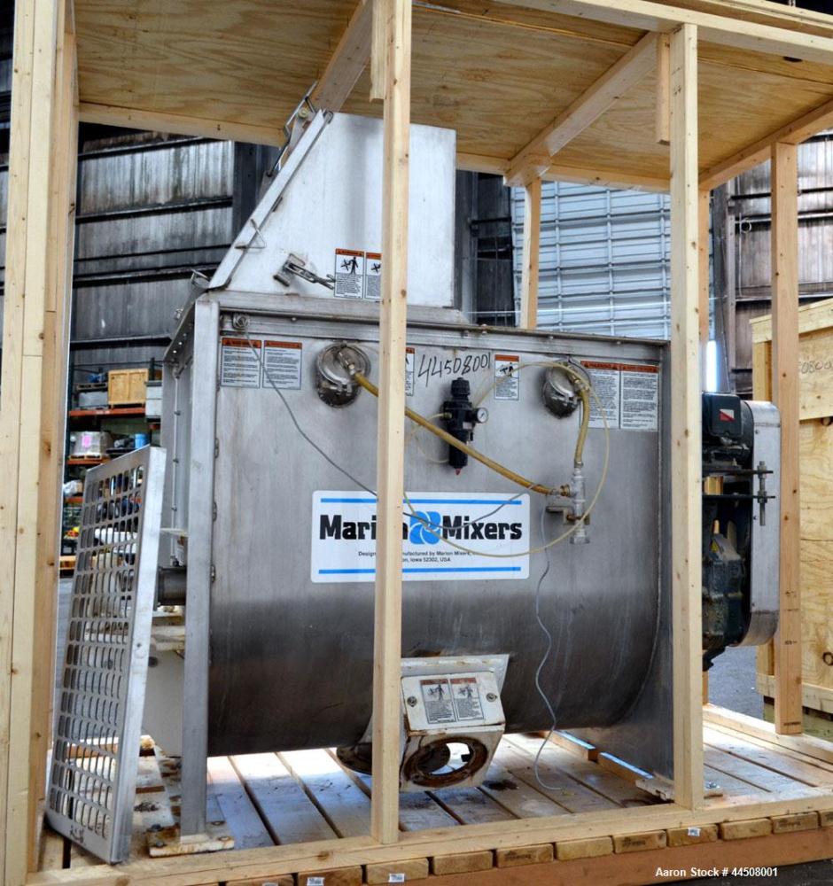 Used Marion Ribbon Blender, Model SRS-3648, 30 Cubic Foot Working Capacity (41 Total), 304 Stainless Steel. Non-jacketed trough 36” wide x 48” long x approximately 45” deep. 3” Diameter shaft. Inner ...