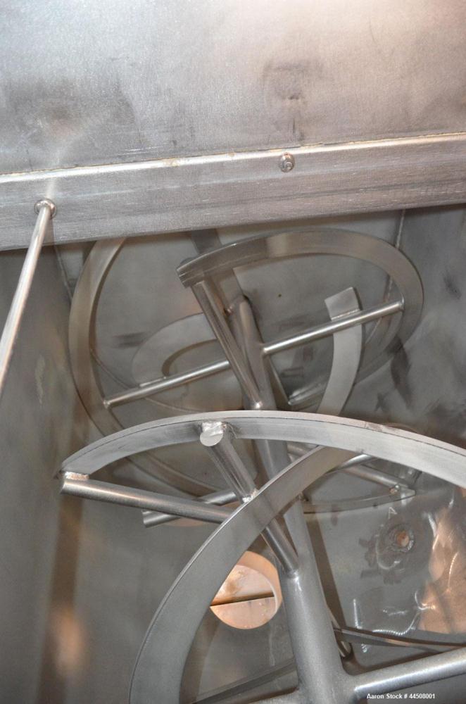 Used Marion Ribbon Blender, Model SRS-3648, 30 Cubic Foot Working Capacity (41 Total), 304 Stainless Steel. Non-jacketed trough 36” wide x 48” long x approximately 45” deep. 3” Diameter shaft. Inner ...