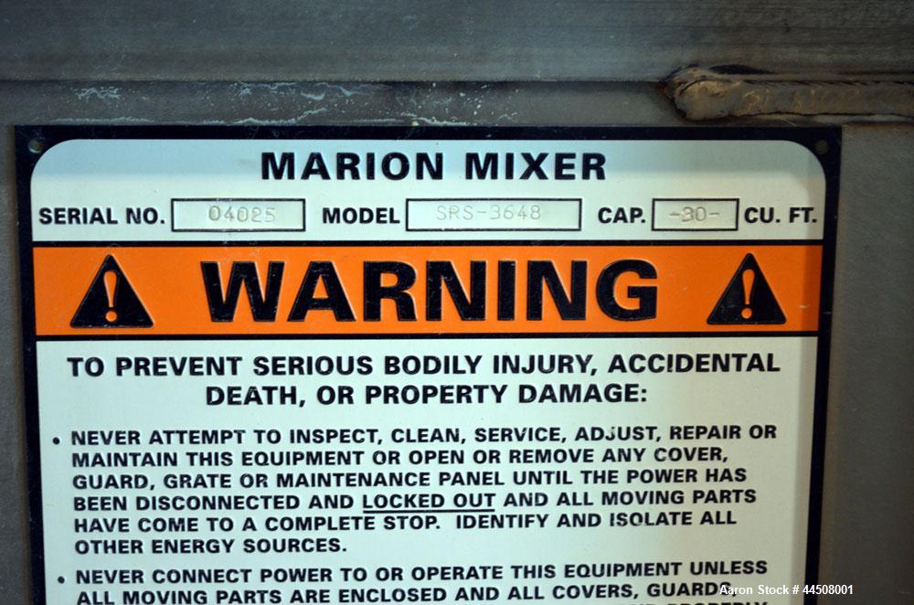 Used Marion Ribbon Blender, Model SRS-3648, 30 Cubic Foot Working Capacity (41 Total), 304 Stainless Steel. Non-jacketed trough 36” wide x 48” long x approximately 45” deep. 3” Diameter shaft. Inner ...