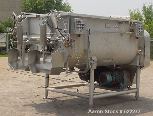 USED: Mepaco model 170 MD twin screw mixer/blender. 5,000 lb or 136 cu ft capacity. Equipped with pneumatically operated end discharge. The mix tub is 64" wide x 94" long x 43" high. The overall dime...