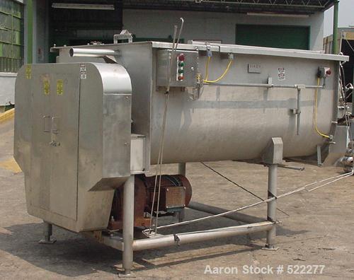 USED: Mepaco model 170 MD twin screw mixer/blender. 5,000 lb or 136 cu ft capacity. Equipped with pneumatically operated end discharge. The mix tub is 64" wide x 94" long x 43" high. The overall dime...