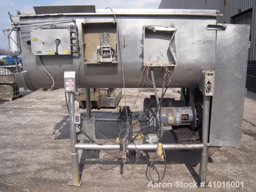 Used Mepaco Twin Shaft Ribbon Mixer. Approximately 116 cubic feet and 2000 pound capacity, 304 stainless steel. Non- jacketed trough approximately 84" long x 52" wide x 32" deep. (2) 3 1/2" diameter ...