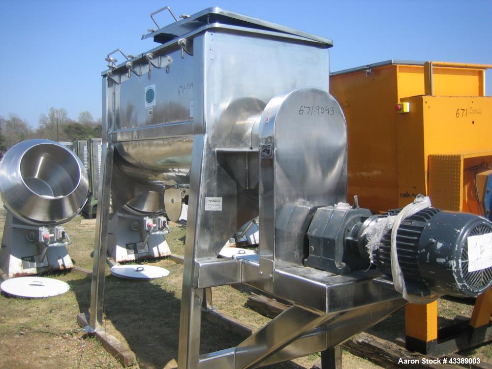 Used Micron Single Ribbon Blender, 30 Cubic Feet, Polished Stainless Steel. Single interupted ribbon. Driven by a 15hp, 3/60/230/460 volt motor. 8" Center bottom outlet.