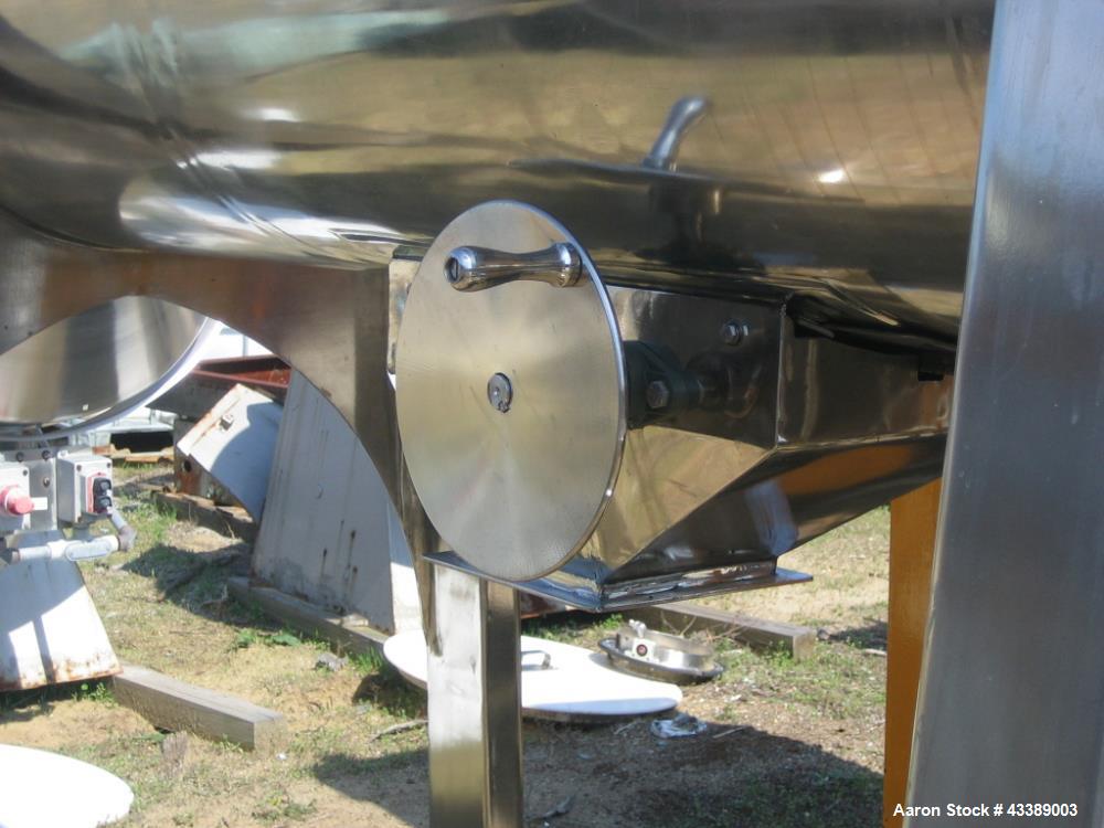 Used Micron Single Ribbon Blender, 30 Cubic Feet, Polished Stainless Steel. Single interupted ribbon. Driven by a 15hp, 3/60/230/460 volt motor. 8" Center bottom outlet.