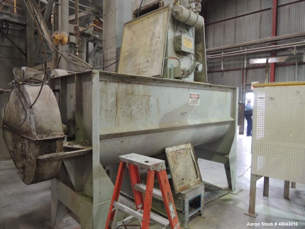 Used Munson 100 Cu Ft. Ribbon Blender. Model HD-39MS.  Carbon Steel construction. Trough dimension 42"w x 108"l x 47"h. 8" center bottom outlet with swing gate discharge. 30 HP motor 460/3/60 with sh...