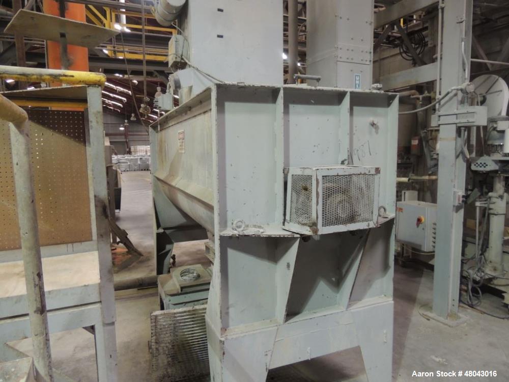 Used Munson 100 Cu Ft. Ribbon Blender. Model HD-39MS.  Carbon Steel construction. Trough dimension 42"w x 108"l x 47"h. 8" center bottom outlet with swing gate discharge. 30 HP motor 460/3/60 with sh...