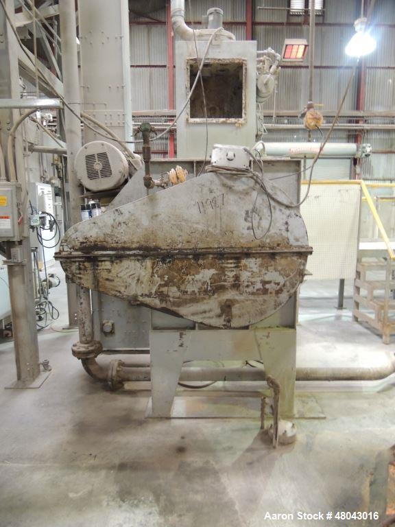 Used Munson 100 Cu Ft. Ribbon Blender. Model HD-39MS.  Carbon Steel construction. Trough dimension 42"w x 108"l x 47"h. 8" center bottom outlet with swing gate discharge. 30 HP motor 460/3/60 with sh...