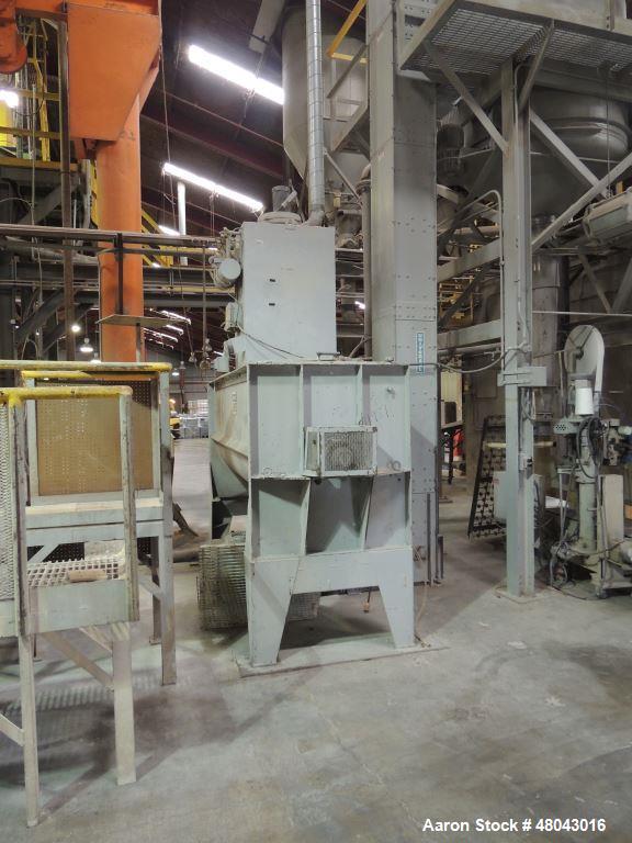 Used Munson 100 Cu Ft. Ribbon Blender. Model HD-39MS.  Carbon Steel construction. Trough dimension 42"w x 108"l x 47"h. 8" center bottom outlet with swing gate discharge. 30 HP motor 460/3/60 with sh...