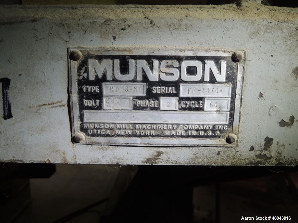 Used Munson 100 Cu Ft. Ribbon Blender. Model HD-39MS.  Carbon Steel construction. Trough dimension 42"w x 108"l x 47"h. 8" center bottom outlet with swing gate discharge. 30 HP motor 460/3/60 with sh...