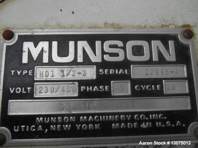 Used Munson, Model HDI 1/2-3 Jacketed Ribbon Blender. Stainless Steel Contact Parts, 3 HP drive. S/N 12895-A, body is 36" x 22" wide x 20" deep.