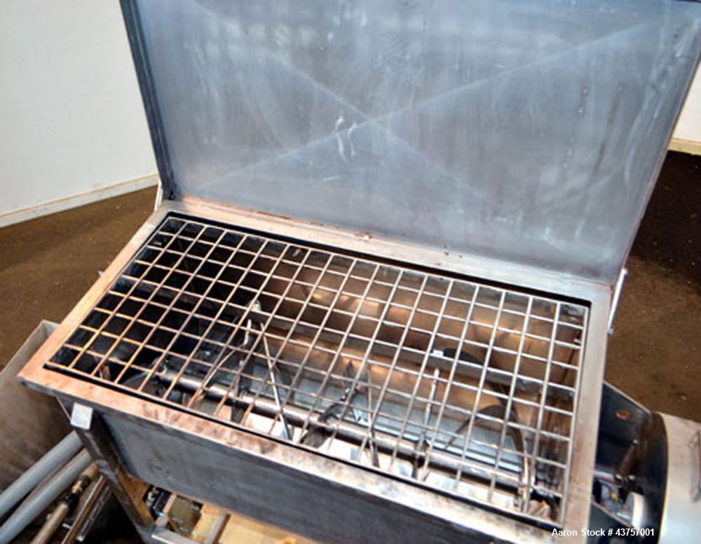 Used Ribbon Blender, 15 Cubic Feet, 304 Stainless Steel. Non-jacketed trough 25” wide x 48” long x approximately 28” deep. 2-1/2” Diameter shaft, inner ribbon 1-1/2” wide x 3/16” thick, outer ribbon ...