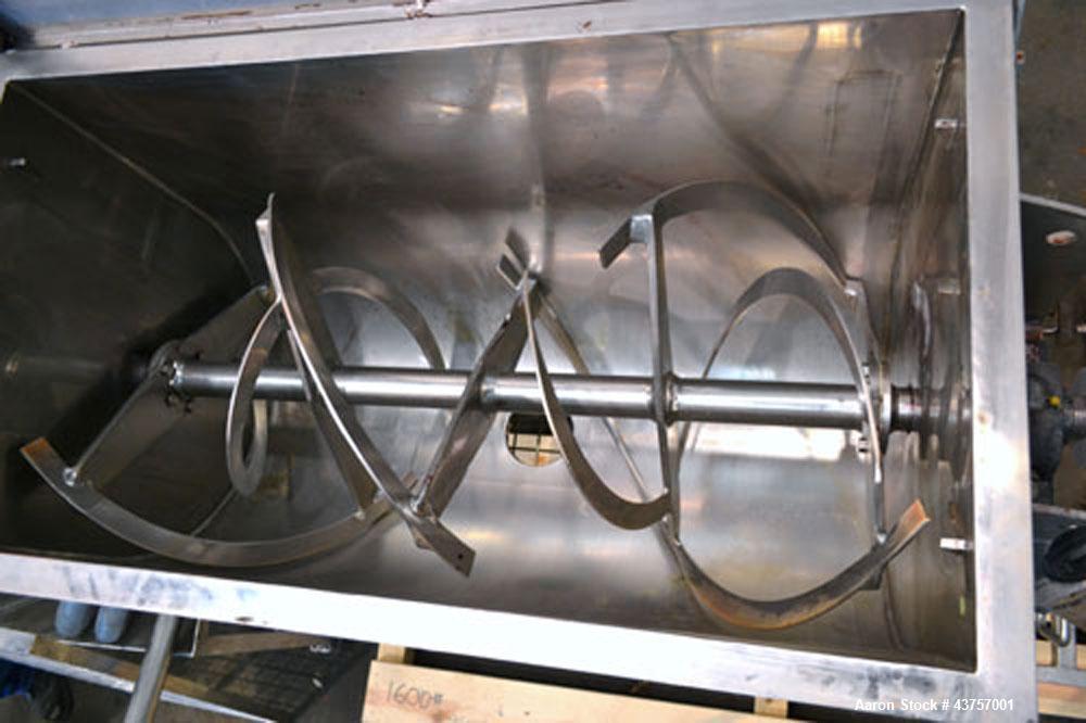Used Ribbon Blender, 15 Cubic Feet, 304 Stainless Steel. Non-jacketed trough 25” wide x 48” long x approximately 28” deep. 2-1/2” Diameter shaft, inner ribbon 1-1/2” wide x 3/16” thick, outer ribbon ...