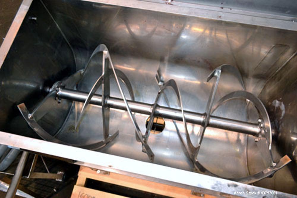 Used Ribbon Blender, 15 Cubic Feet, 304 Stainless Steel. Non-jacketed trough 25” wide x 48” long x approximately 28” deep. 2-1/2” Diameter shaft, inner ribbon 1-1/2” wide x 3/16” thick, outer ribbon ...