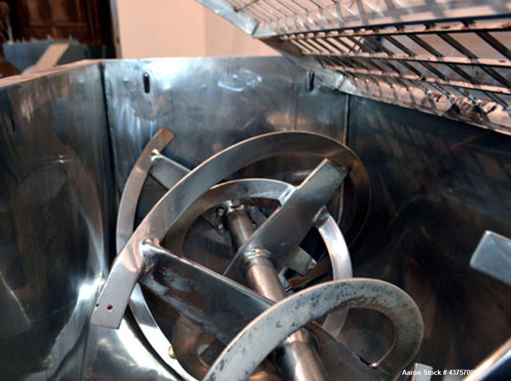 Used Ribbon Blender, 15 Cubic Feet, 304 Stainless Steel. Non-jacketed trough 25” wide x 48” long x approximately 28” deep. 2-1/2” Diameter shaft, inner ribbon 1-1/2” wide x 3/16” thick, outer ribbon ...