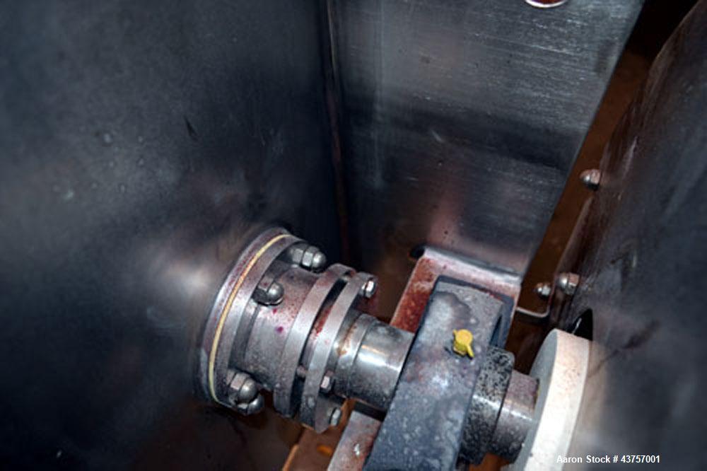 Used Ribbon Blender, 15 Cubic Feet, 304 Stainless Steel. Non-jacketed trough 25” wide x 48” long x approximately 28” deep. 2-1/2” Diameter shaft, inner ribbon 1-1/2” wide x 3/16” thick, outer ribbon ...