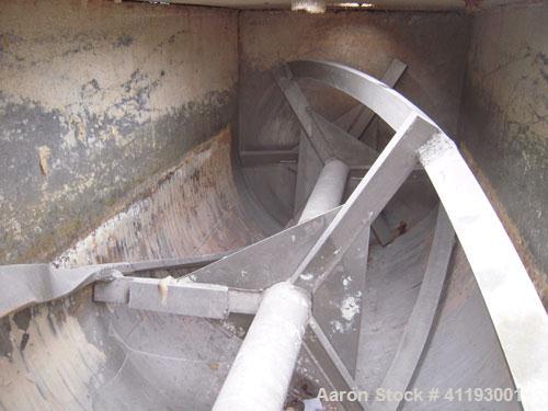 Previously owned - Single Ribbon Blender, 142 Cubic Feet, 304 Stainless Steel. Jacketed trough 48'' wide x 120" long x approximately 54" deep. 5" diameter shaft with a single slurry ribbon agitator, ...