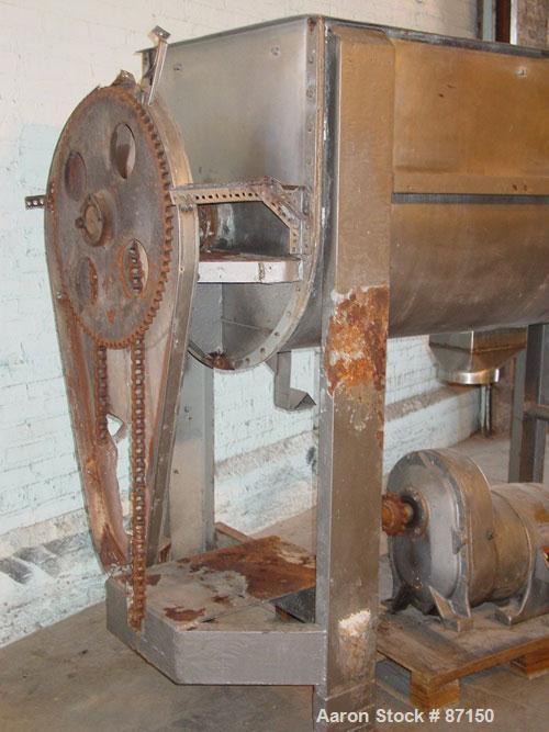 Used Double Spiral Ribbon Blender, 36 Cubic Feet Working Capacity, Stainless Steel. Non-jacketed trough 30" wide x 78" long x approximately 34" deep. 3" diameter shaft, inner ribbon 2" wide x 1/4" th...