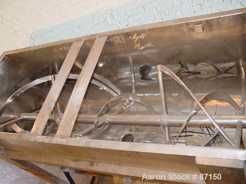 Used Double Spiral Ribbon Blender, 36 Cubic Feet Working Capacity, Stainless Steel. Non-jacketed trough 30" wide x 78" long x approximately 34" deep. 3" diameter shaft, inner ribbon 2" wide x 1/4" th...