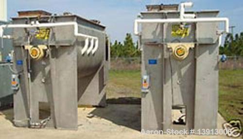 Used Hayes & Stolz Double Ribbon Blender. Manufactured 1998. 196 cubic foot, food grade stainless steel, 40 hp drive, 10 rpm at ribbon, covered top with (2) 7" and (2) 25" square inlets. Approximatel...