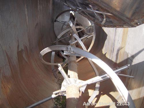 Used Ribbon Blender, 143 Cubic Feet, 304 Stainless Steel. Non-jacketed trough 44" wide x 144" long x approximately 59" deep. 4" diameter stainless steel clad shaft with partial ribbons and posts. 1 p...