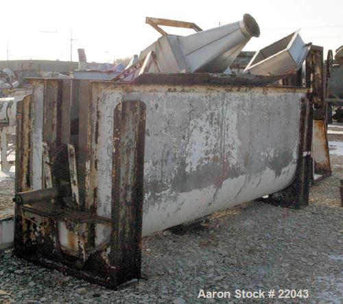 Used Ribbon Blender, 143 Cubic Feet, 304 Stainless Steel. Non-jacketed trough 44" wide x 144" long x approximately 59" deep. 4" diameter stainless steel clad shaft with partial ribbons and posts. 1 p...