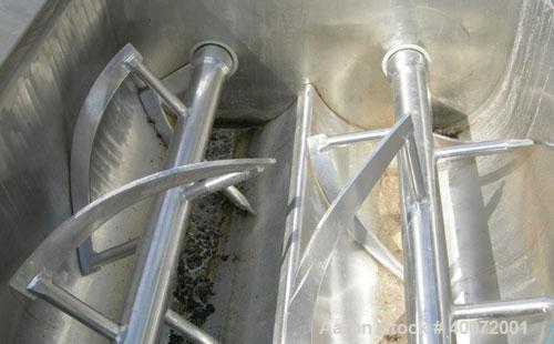 Used Twin Shaft Ribbon Mixer, Approximately 41 Cubic Foot Capacity, 304 Stainless Steel.  304 stainless steel jacketed trough 40" wide x 51" long x approximately 17" deep, no rating.  (2) 3 1/4" diam...