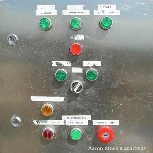 Used Twin Shaft Ribbon Mixer, Approximately 41 Cubic Foot Capacity, 304 Stainless Steel.  304 stainless steel jacketed trough 40" wide x 51" long x approximately 17" deep, no rating.  (2) 3 1/4" diam...