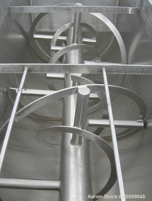 Used Double spiral ribbon blender, 267 cubic feet working capacity, 304 stainless steel. Non-jacketed trough 60" wide x 144" long x approximately 65" deep. 9 1/2" diameter shaft, inner ribbon 3" wide...