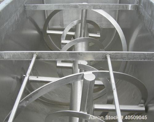 Used Double spiral ribbon blender, 267 cubic feet working capacity, 304 stainless steel. Non-jacketed trough 60" wide x 144" long x approximately 65" deep. 9 1/2" diameter shaft, inner ribbon 3" wide...