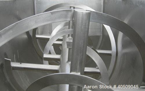 Used Double spiral ribbon blender, 267 cubic feet working capacity, 304 stainless steel. Non-jacketed trough 60" wide x 144" long x approximately 65" deep. 9 1/2" diameter shaft, inner ribbon 3" wide...