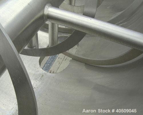 Used Double spiral ribbon blender, 267 cubic feet working capacity, 304 stainless steel. Non-jacketed trough 60" wide x 144" long x approximately 65" deep. 9 1/2" diameter shaft, inner ribbon 3" wide...