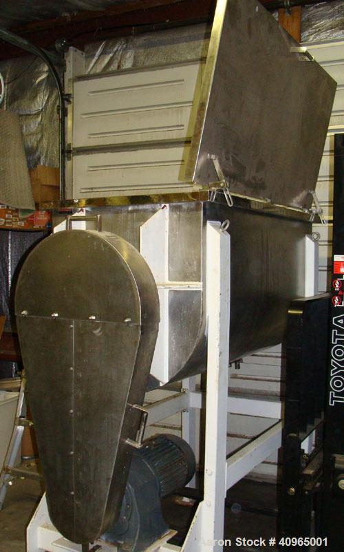 Used Ribbon Blender, 25 Cubic Feet, Stainless Steel. Non-jacketed trough 29" wide x 58" long x 32" deep, 6" center bottom outlet. Stainless steel split packing glands, split two piece cover and safet...