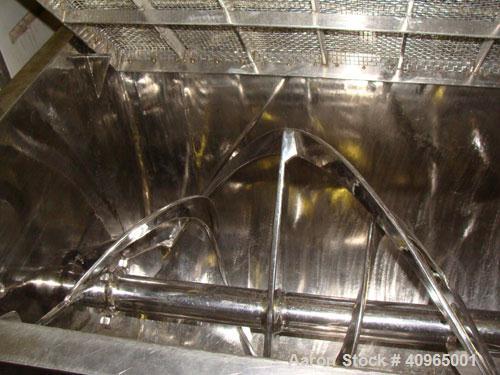 Used Ribbon Blender, 25 Cubic Feet, Stainless Steel. Non-jacketed trough 29" wide x 58" long x 32" deep, 6" center bottom outlet. Stainless steel split packing glands, split two piece cover and safet...