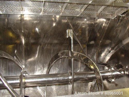 Used Ribbon Blender, 25 Cubic Feet, Stainless Steel. Non-jacketed trough 29" wide x 58" long x 32" deep, 6" center bottom outlet. Stainless steel split packing glands, split two piece cover and safet...