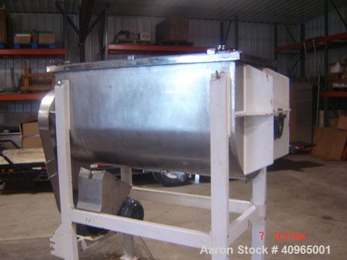 Used Ribbon Blender, 25 Cubic Feet, Stainless Steel. Non-jacketed trough 29" wide x 58" long x 32" deep, 6" center bottom outlet. Stainless steel split packing glands, split two piece cover and safet...