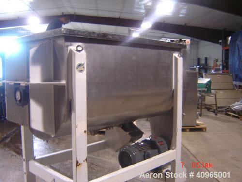 Used Ribbon Blender, 25 Cubic Feet, Stainless Steel. Non-jacketed trough 29" wide x 58" long x 32" deep, 6" center bottom outlet. Stainless steel split packing glands, split two piece cover and safet...