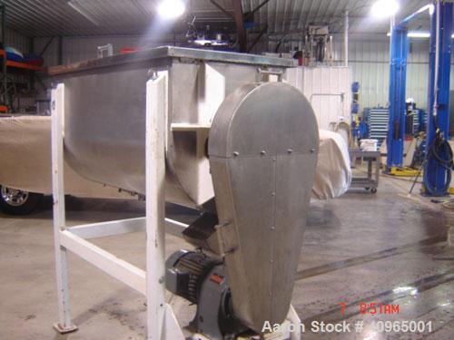 Used Ribbon Blender, 25 Cubic Feet, Stainless Steel. Non-jacketed trough 29" wide x 58" long x 32" deep, 6" center bottom outlet. Stainless steel split packing glands, split two piece cover and safet...