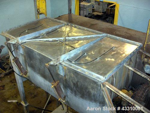Used Ribbon Blender, 220 cubic foot working capacity, stainless steel construction, 12" center bottom discharge (no valve).Tub measures 10' long x 5' wide x 66" deep.Stainless steel cover with pneuma...