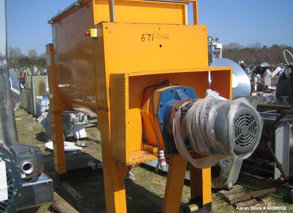 Used Montana Single Ribbon Blender, 50 Cubic Feet, Stainless Steel. Non-jacketed trough approximate 58" long x 35" wide x 45" deep. Single interupted ribbon. Driven by a 15hp, 3/60/230/460 volt motor...